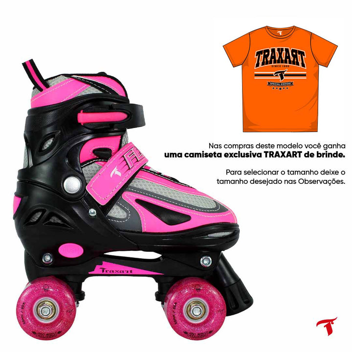 Patins Infantil Flash Rosa com Rodas de Led Alien Rosa com Glitter- 58mm