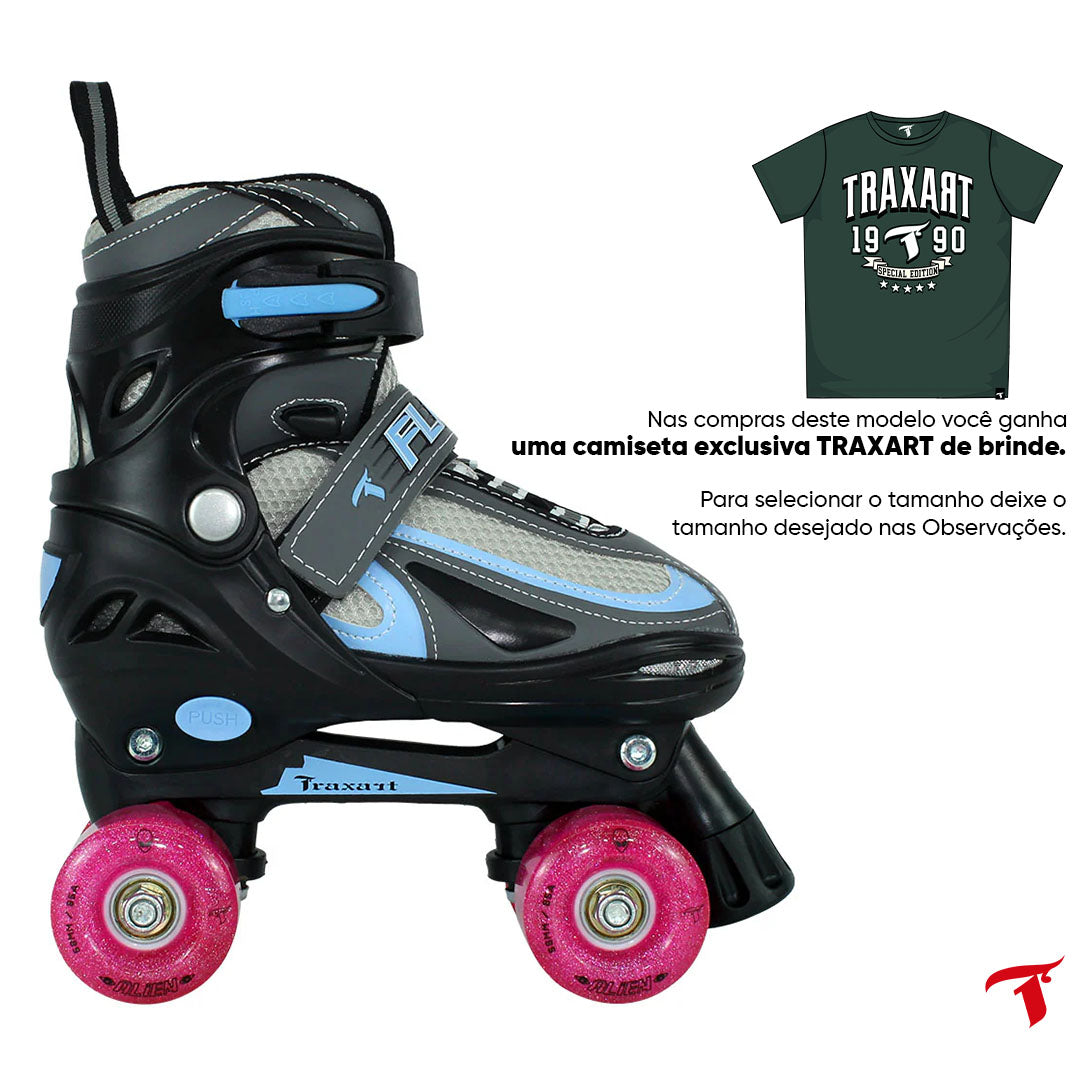 Patins Infantil Flash Azul com Rodas de Led Alien Rosa - 58mm